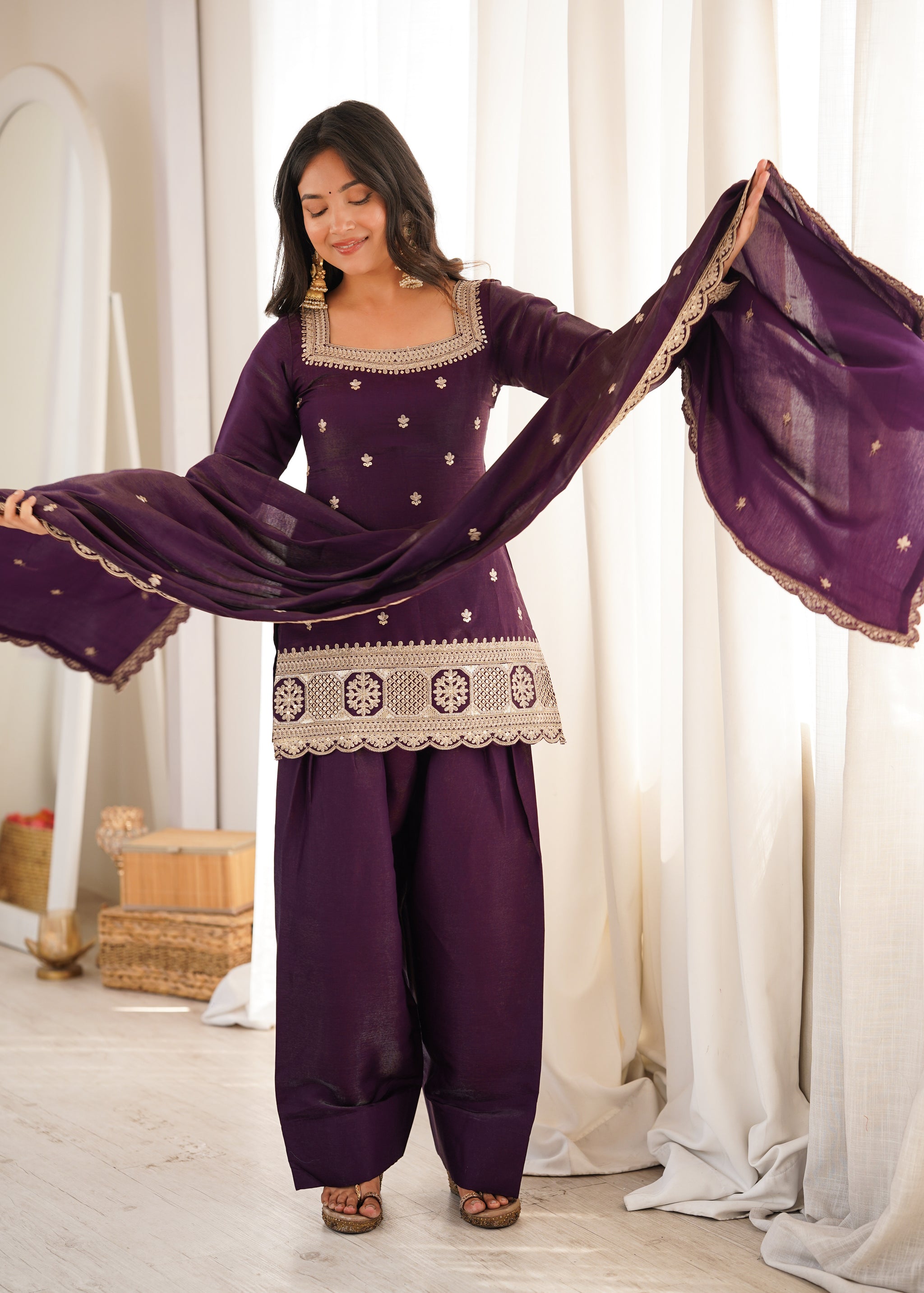 Premium Glass Roman Silk Embroidered Kurta Farshi Salwar Set with Dupatta for Women