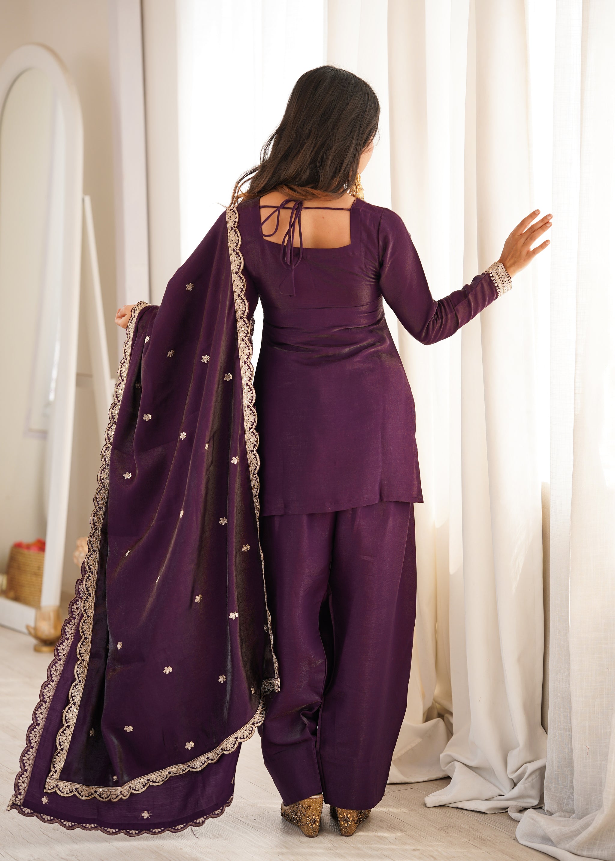 Premium Glass Roman Silk Embroidered Kurta Farshi Salwar Set with Dupatta for Women