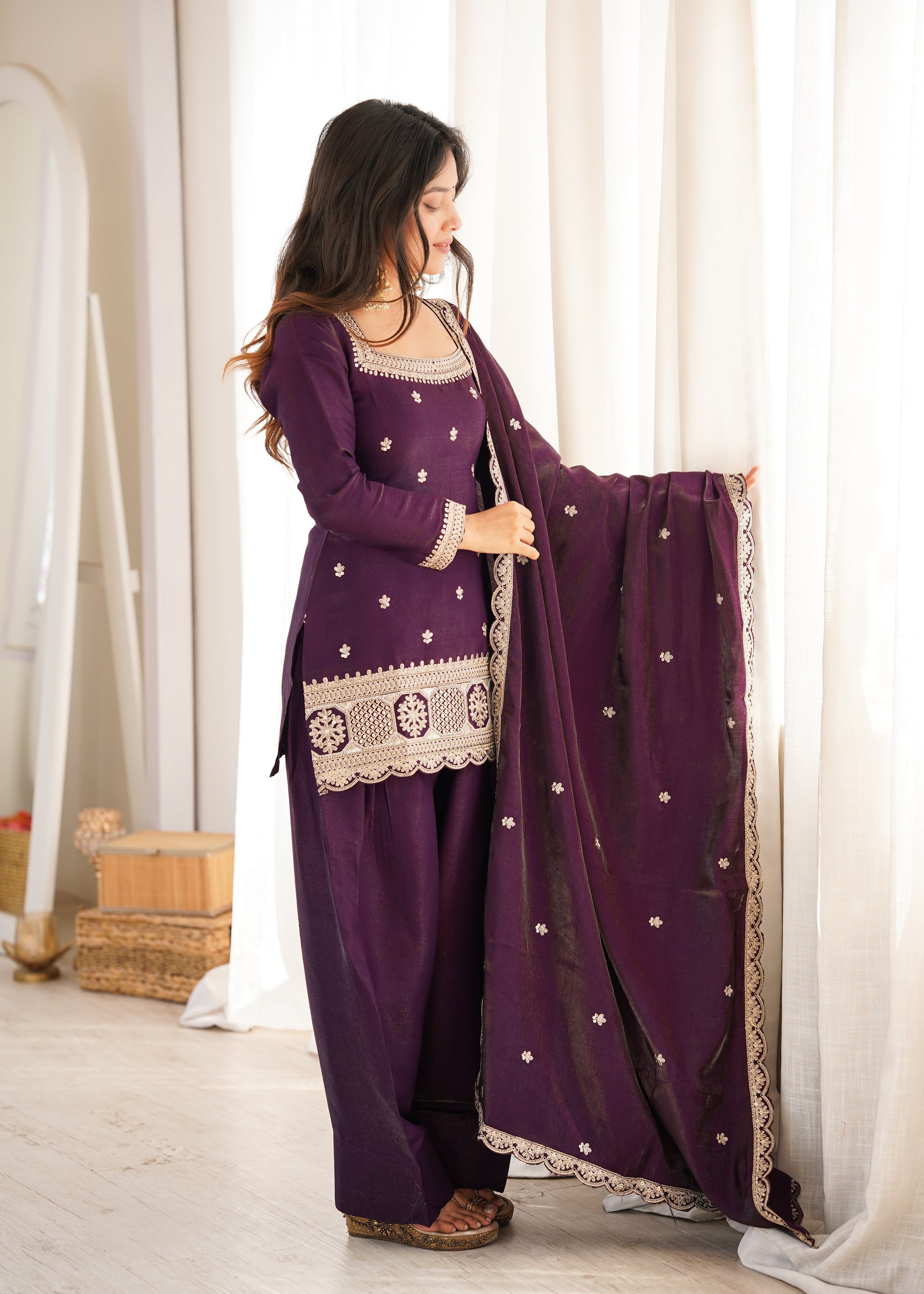 Premium Glass Roman Silk Embroidered Kurta Farshi Salwar Set with Dupatta for Women