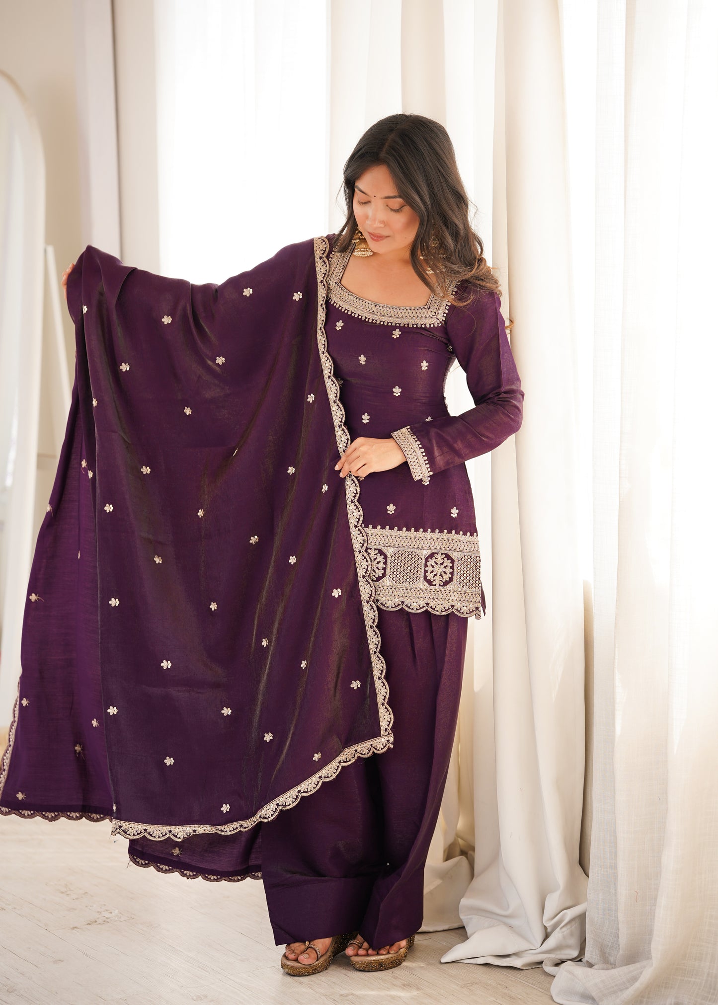 Premium Glass Roman Silk Embroidered Kurta Farshi Salwar Set with Dupatta for Women