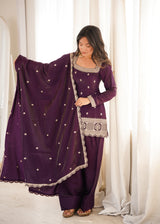 Premium Glass Roman Silk Embroidered Kurta Farshi Salwar Set with Dupatta for Women
