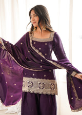 Premium Glass Roman Silk Embroidered Kurta Farshi Salwar Set with Dupatta for Women