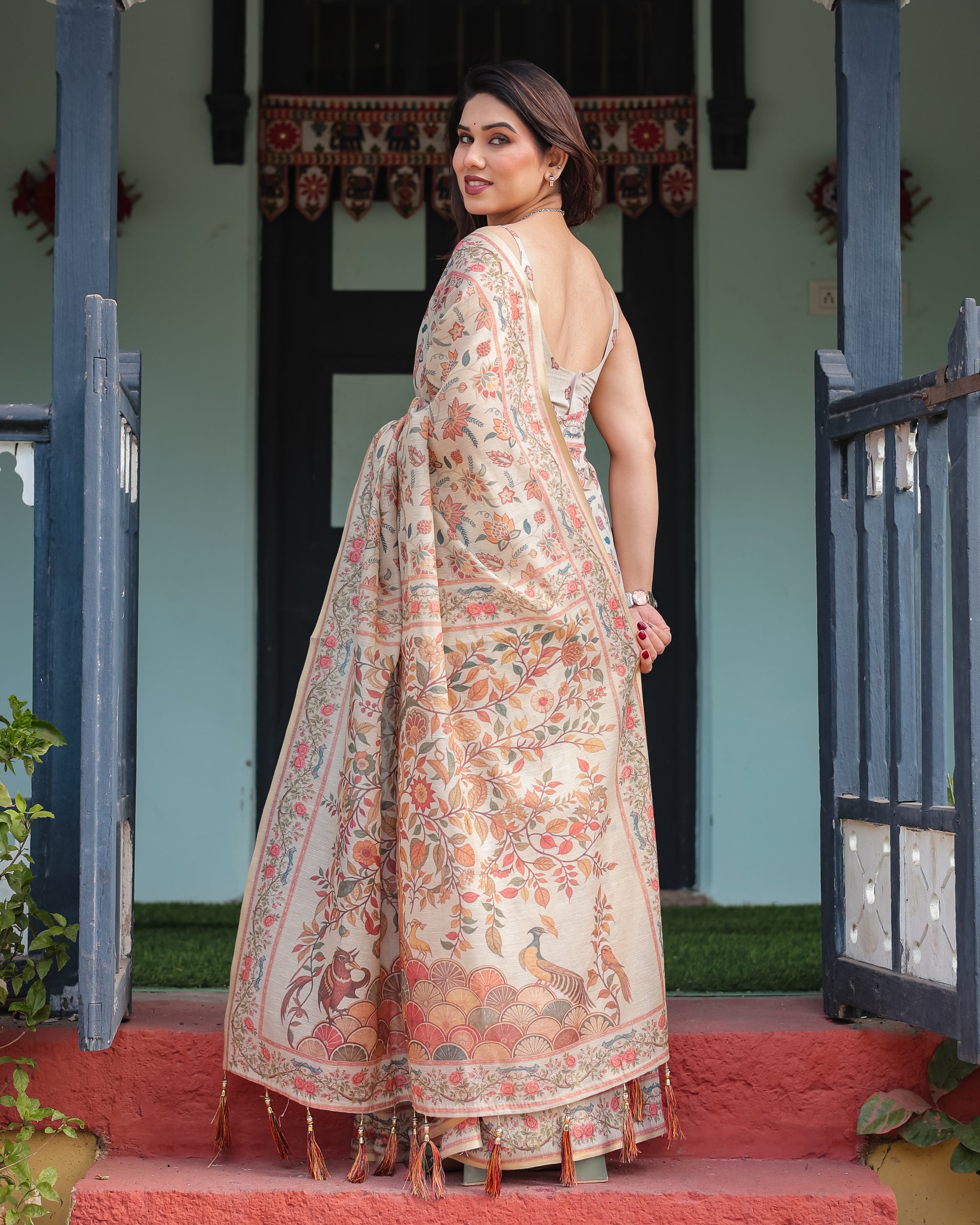 Premium Handloom Floral Saree with Heritage Bird Motif Pallu and Tassels