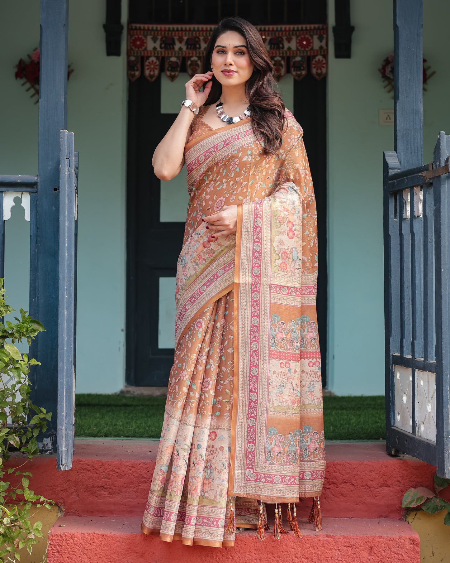 Handloom Heritage Saree with Folk Art Pallu and Botanical Floral Prints