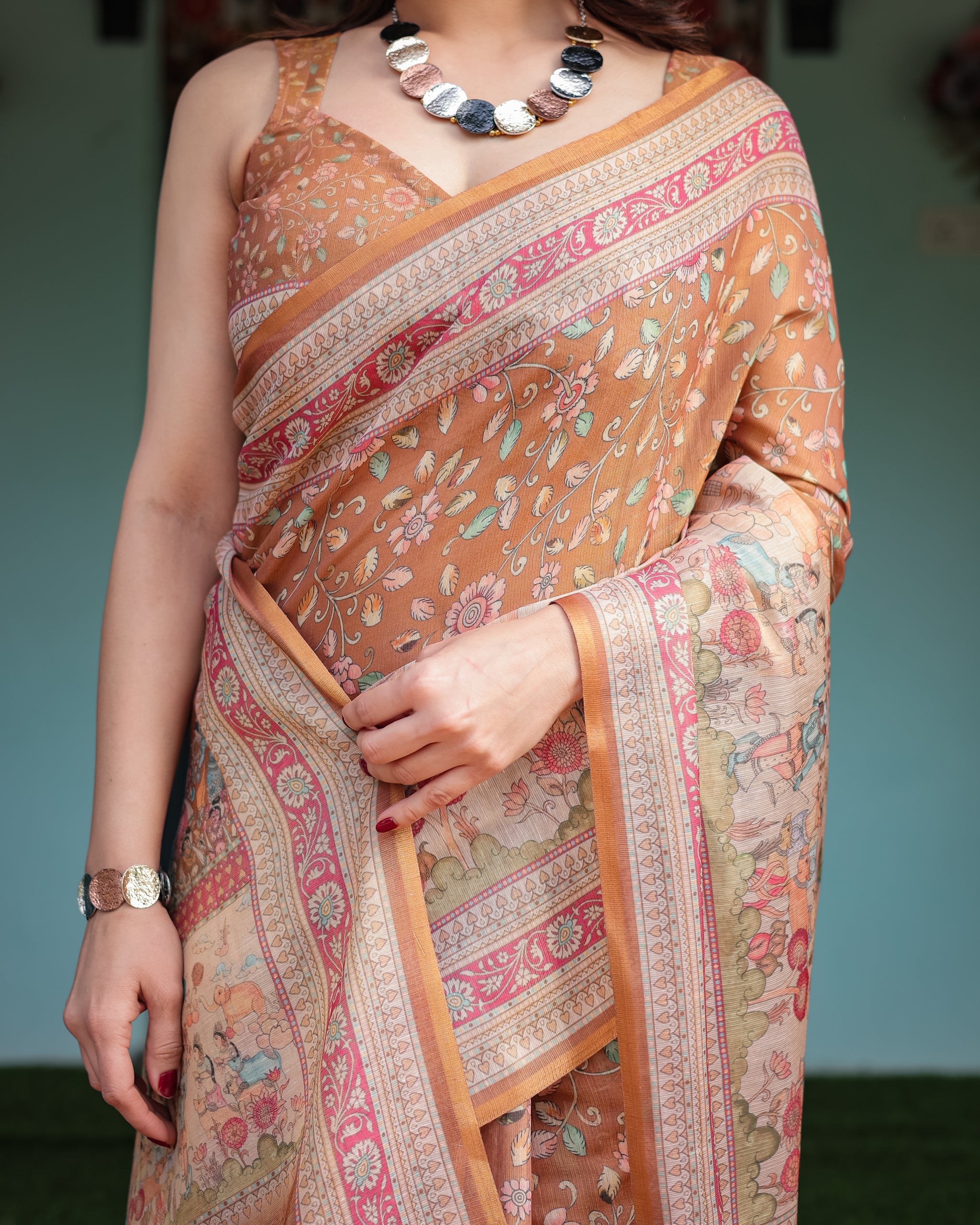 Handloom Heritage Saree with Folk Art Pallu and Botanical Floral Prints