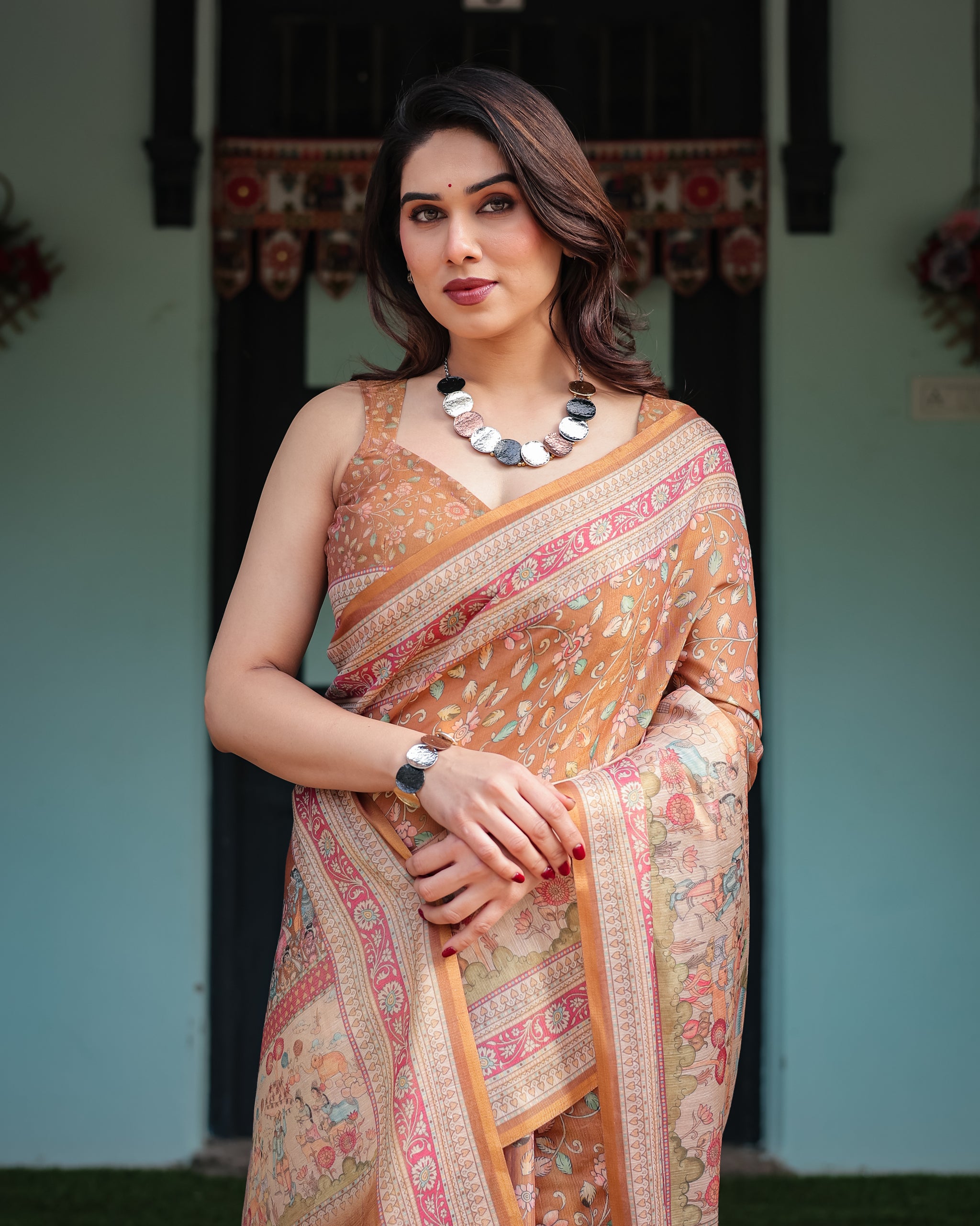 Handloom Heritage Saree with Folk Art Pallu and Botanical Floral Prints