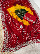 Premium Georgette Multi Colour Bandhani Saree with Intricate Pitta & Sequence Work
