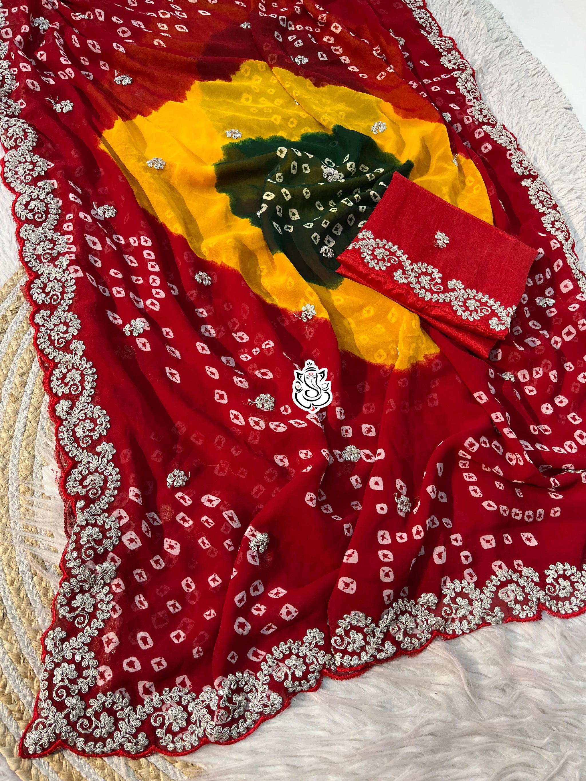 Premium Georgette Multi Colour Bandhani Saree with Intricate Pitta & Sequence Work