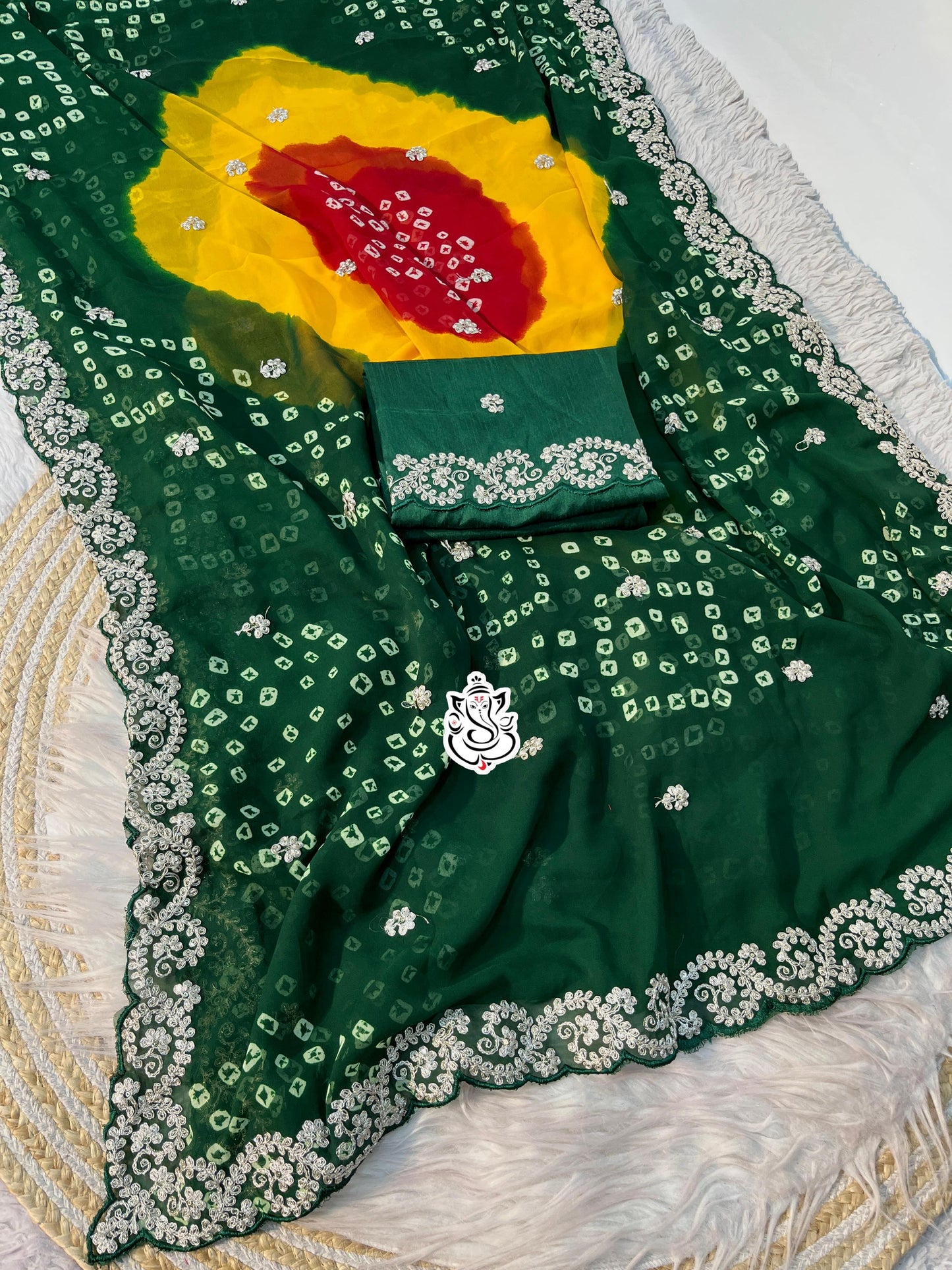 Premium Georgette Multi Colour Bandhani Saree with Intricate Pitta & Sequence Work