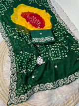 Premium Georgette Multi Colour Bandhani Saree with Intricate Pitta & Sequence Work
