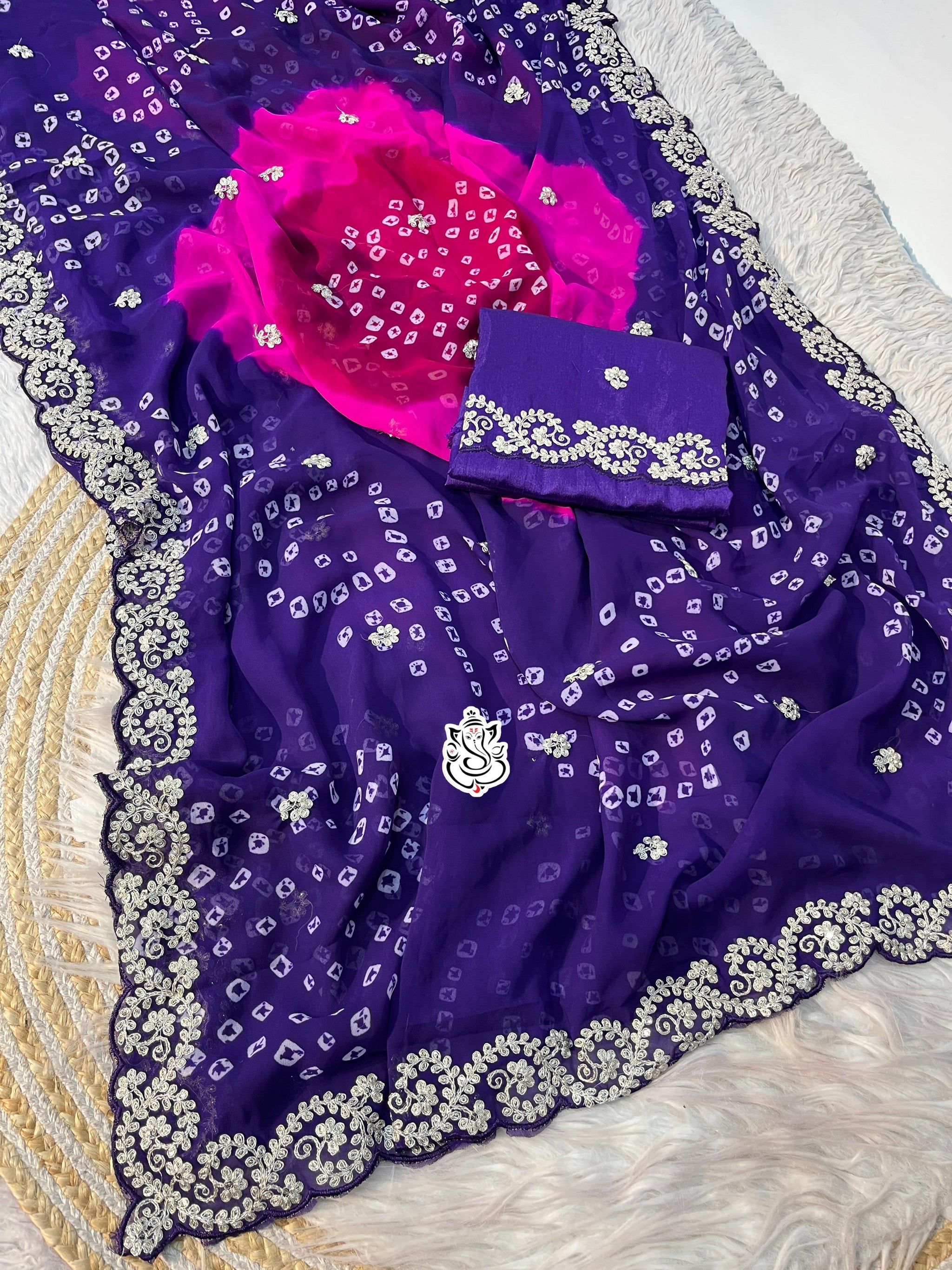 Premium Georgette Multi Colour Bandhani Saree with Intricate Pitta & Sequence Work