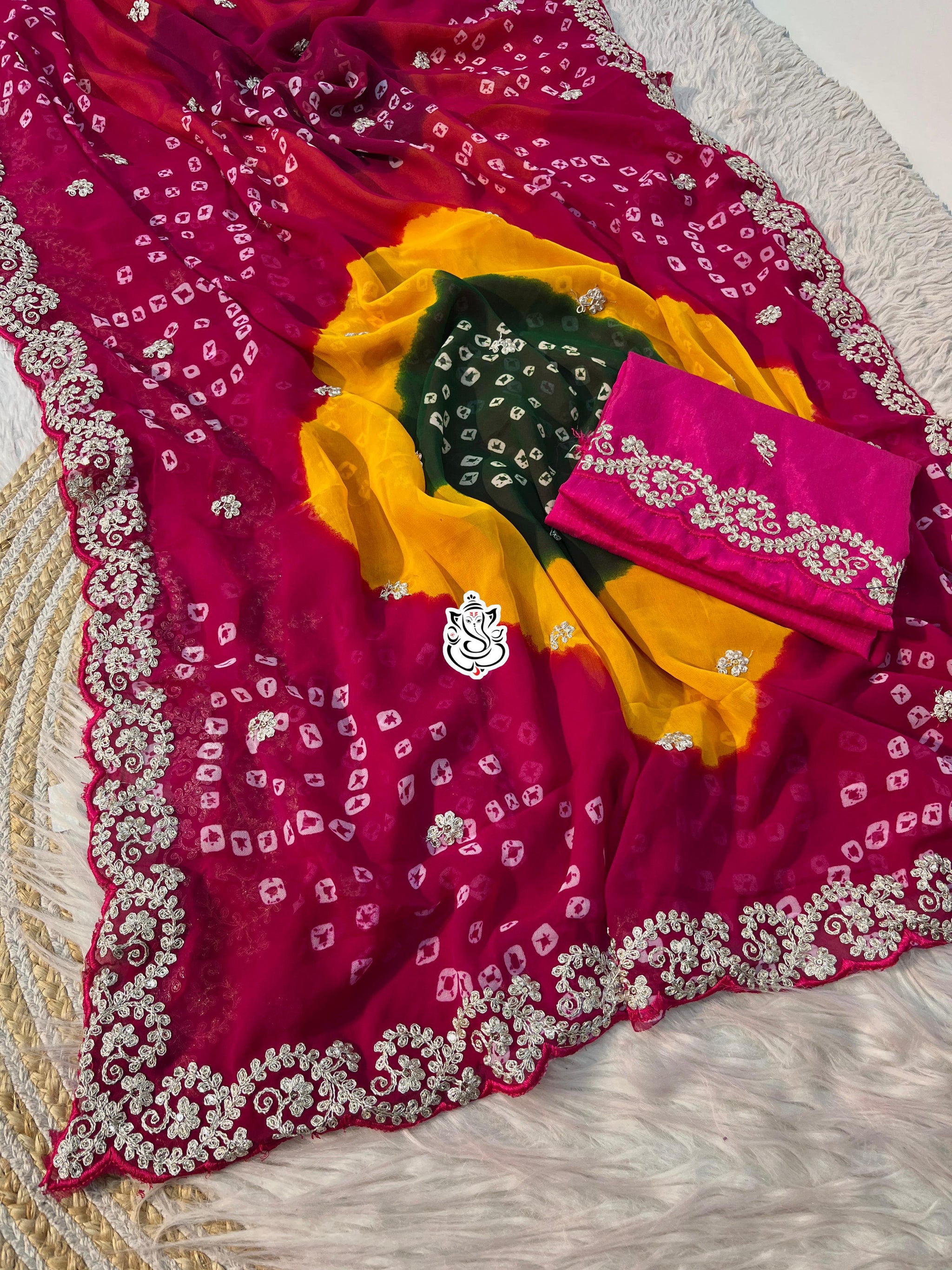 Premium Georgette Multi Colour Bandhani Saree with Intricate Pitta & Sequence Work