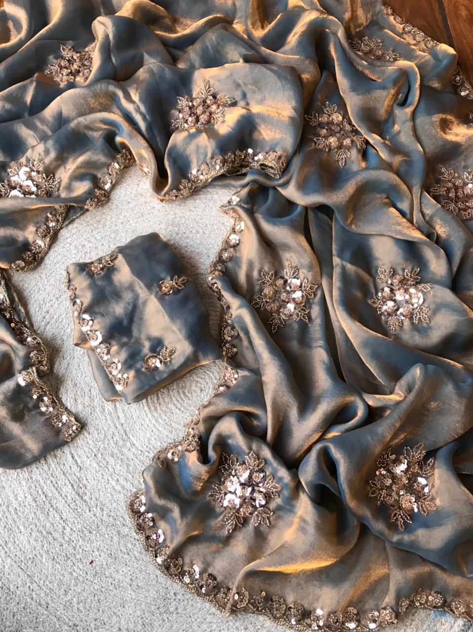 Handcrafted Space Silk Saree with Sequin & Bead Embellishments | Scalloped Border Work