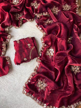 Handcrafted Space Silk Saree with Sequin & Bead Embellishments | Scalloped Border Work