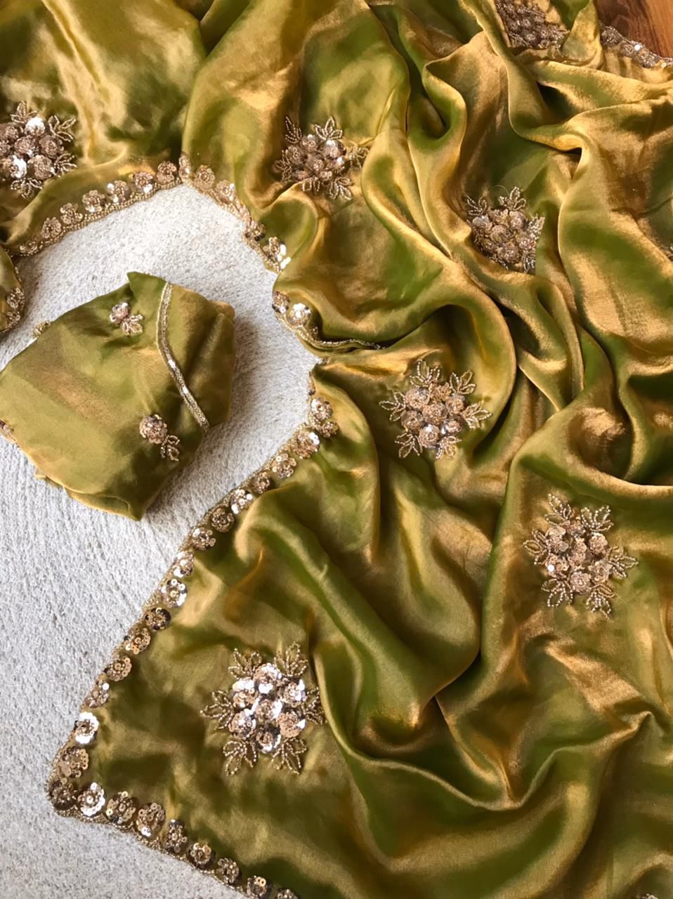 Handcrafted Space Silk Saree with Sequin & Bead Embellishments | Scalloped Border Work