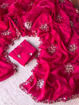 Handcrafted Space Silk Saree with Sequin & Bead Embellishments | Scalloped Border Work