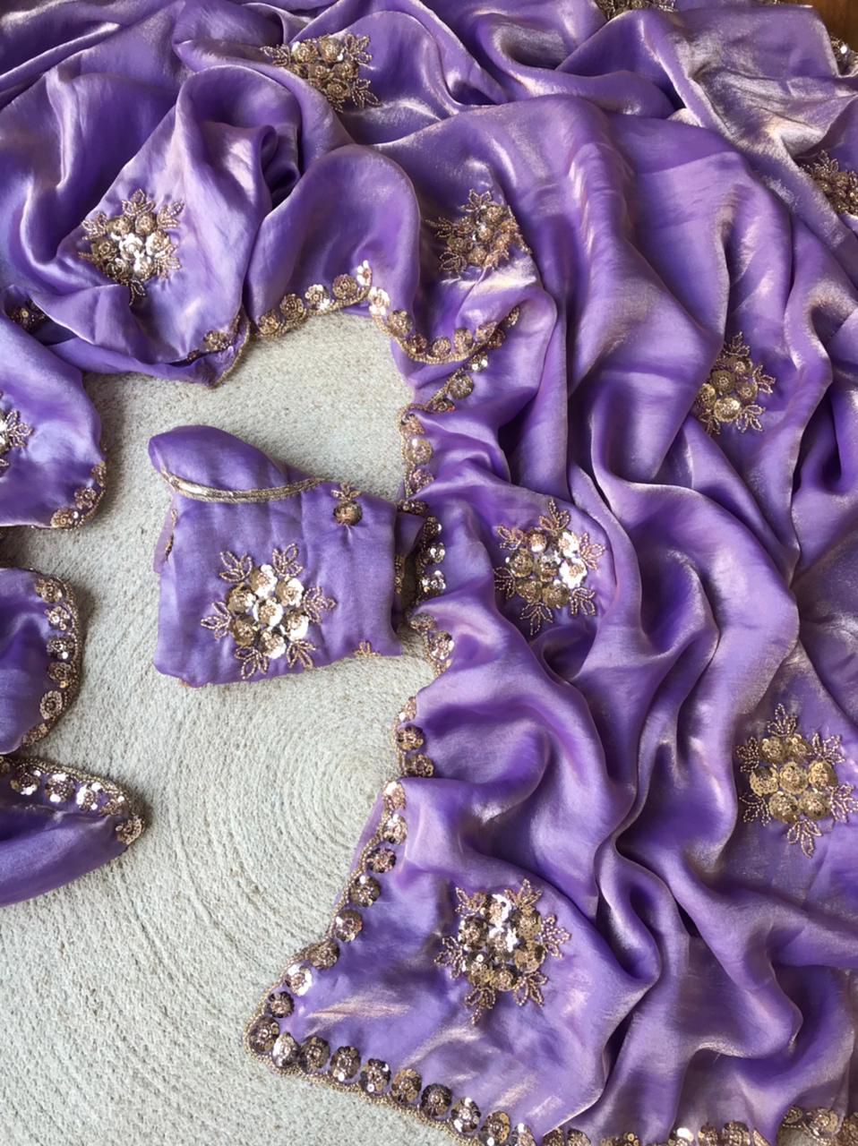 Handcrafted Space Silk Saree with Sequin & Bead Embellishments | Scalloped Border Work