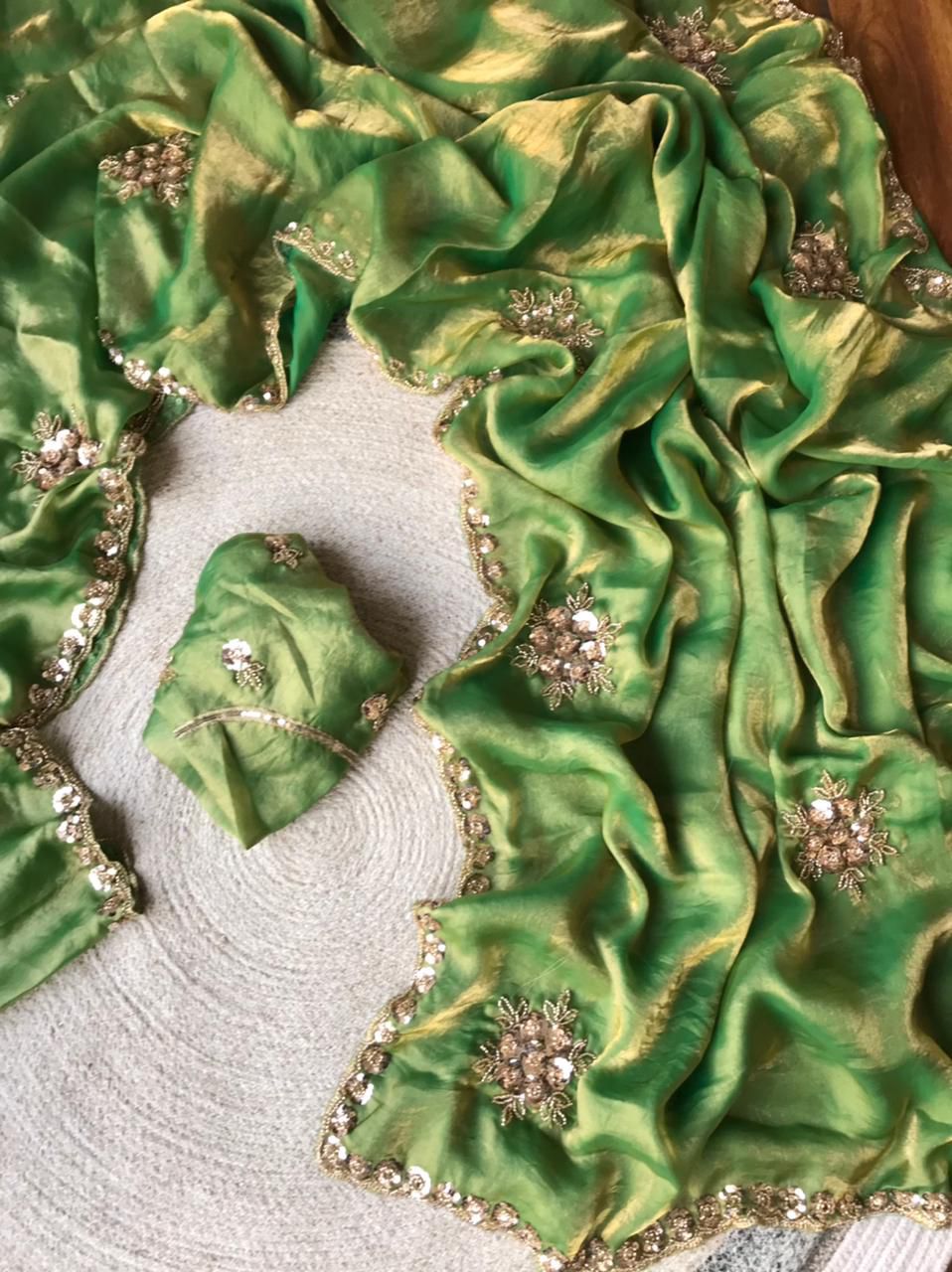 Handcrafted Space Silk Saree with Sequin & Bead Embellishments | Scalloped Border Work