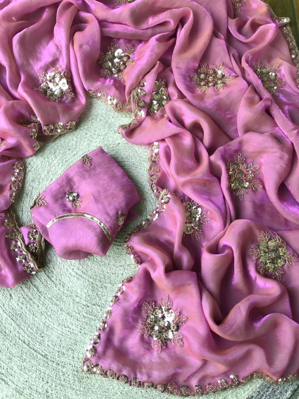 Handcrafted Space Silk Saree with Sequin & Bead Embellishments | Scalloped Border Work