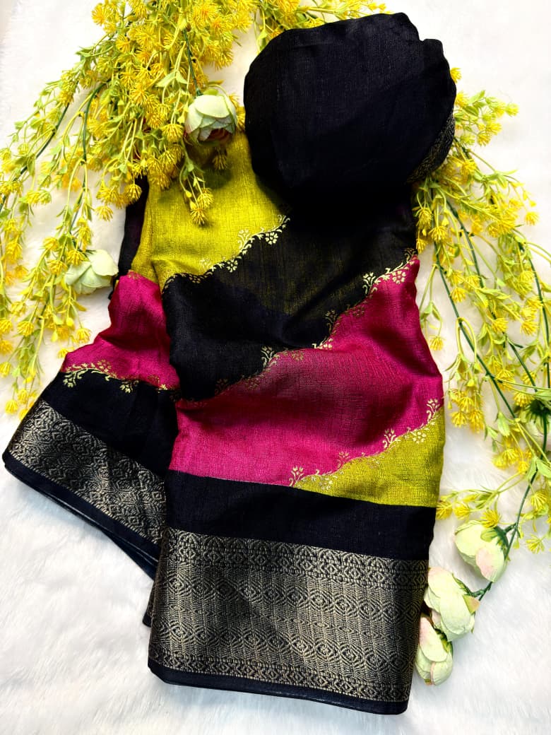 Premium Soft Dola Silk Saree with Foil Work Patta and Contrast Zari Weaving Hamsa Border