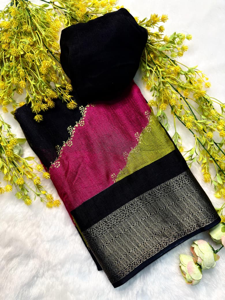 Premium Soft Dola Silk Saree with Foil Work Patta and Contrast Zari Weaving Hamsa Border