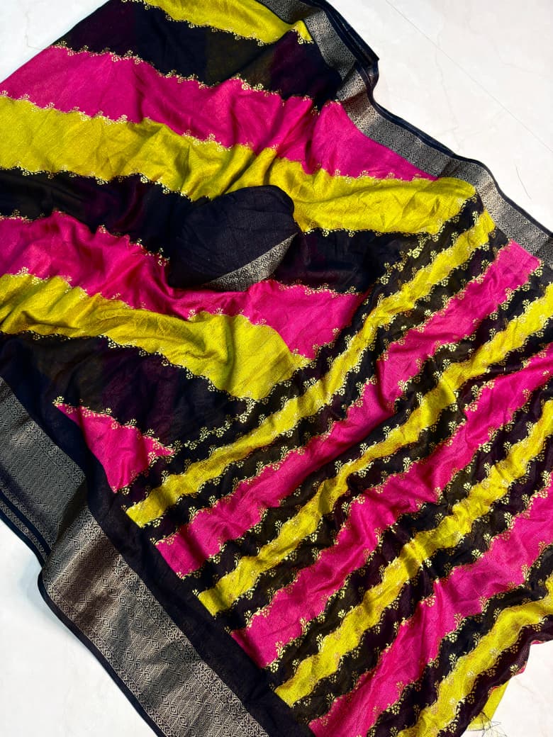 Premium Soft Dola Silk Saree with Foil Work Patta and Contrast Zari Weaving Hamsa Border