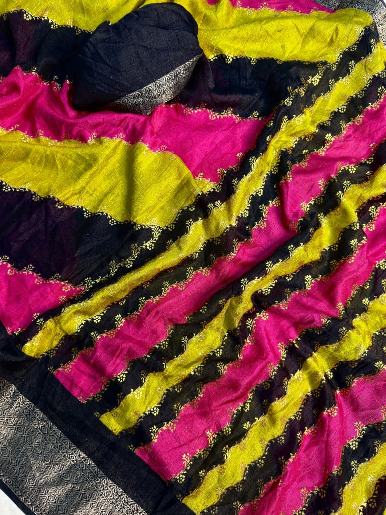 Premium Soft Dola Silk Saree with Foil Work Patta and Contrast Zari Weaving Hamsa Border