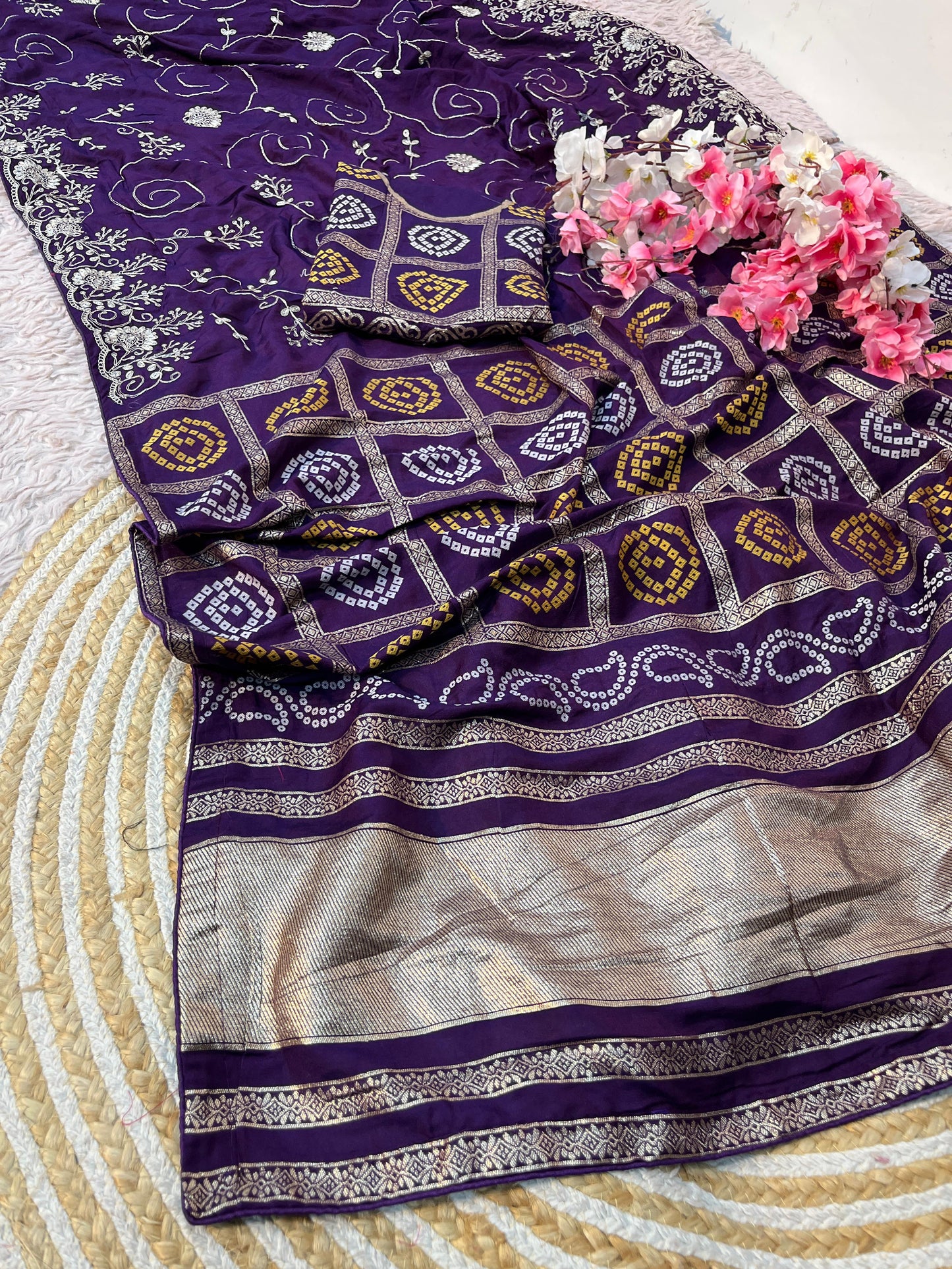 Dolla Silk Saree with Bandhej Weaving & Pittha Work Zaal | Lagdi Patta Pallu & Fancy Piping Border