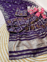 Dolla Silk Saree with Bandhej Weaving & Pittha Work Zaal | Lagdi Patta Pallu & Fancy Piping Border