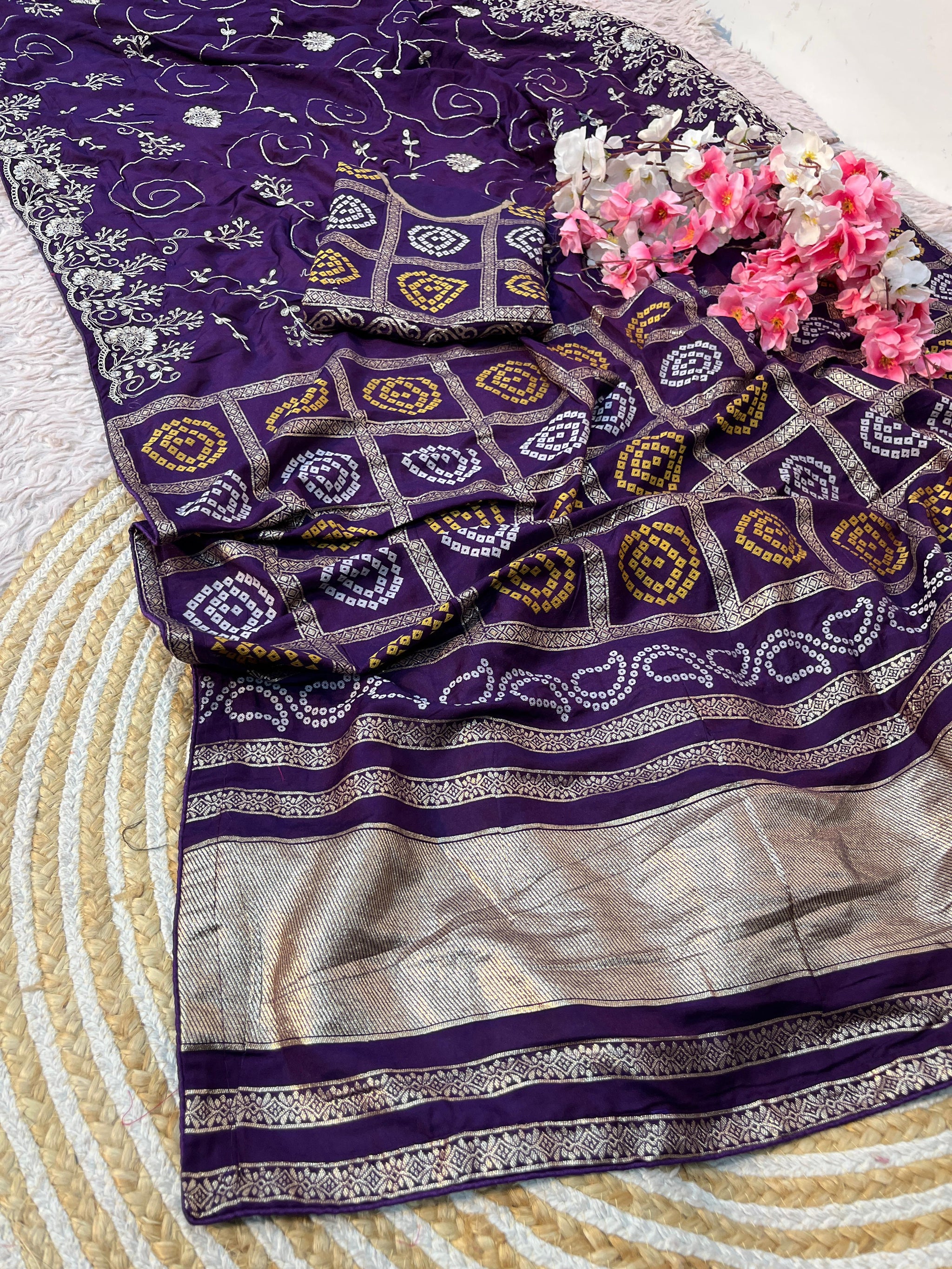 Dolla Silk Saree with Bandhej Weaving & Pittha Work Zaal | Lagdi Patta Pallu & Fancy Piping Border