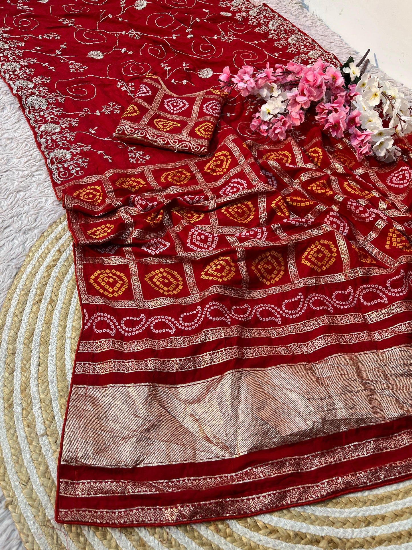 Dolla Silk Saree with Bandhej Weaving & Pittha Work Zaal | Lagdi Patta Pallu & Fancy Piping Border