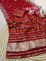 Dolla Silk Saree with Bandhej Weaving & Pittha Work Zaal | Lagdi Patta Pallu & Fancy Piping Border