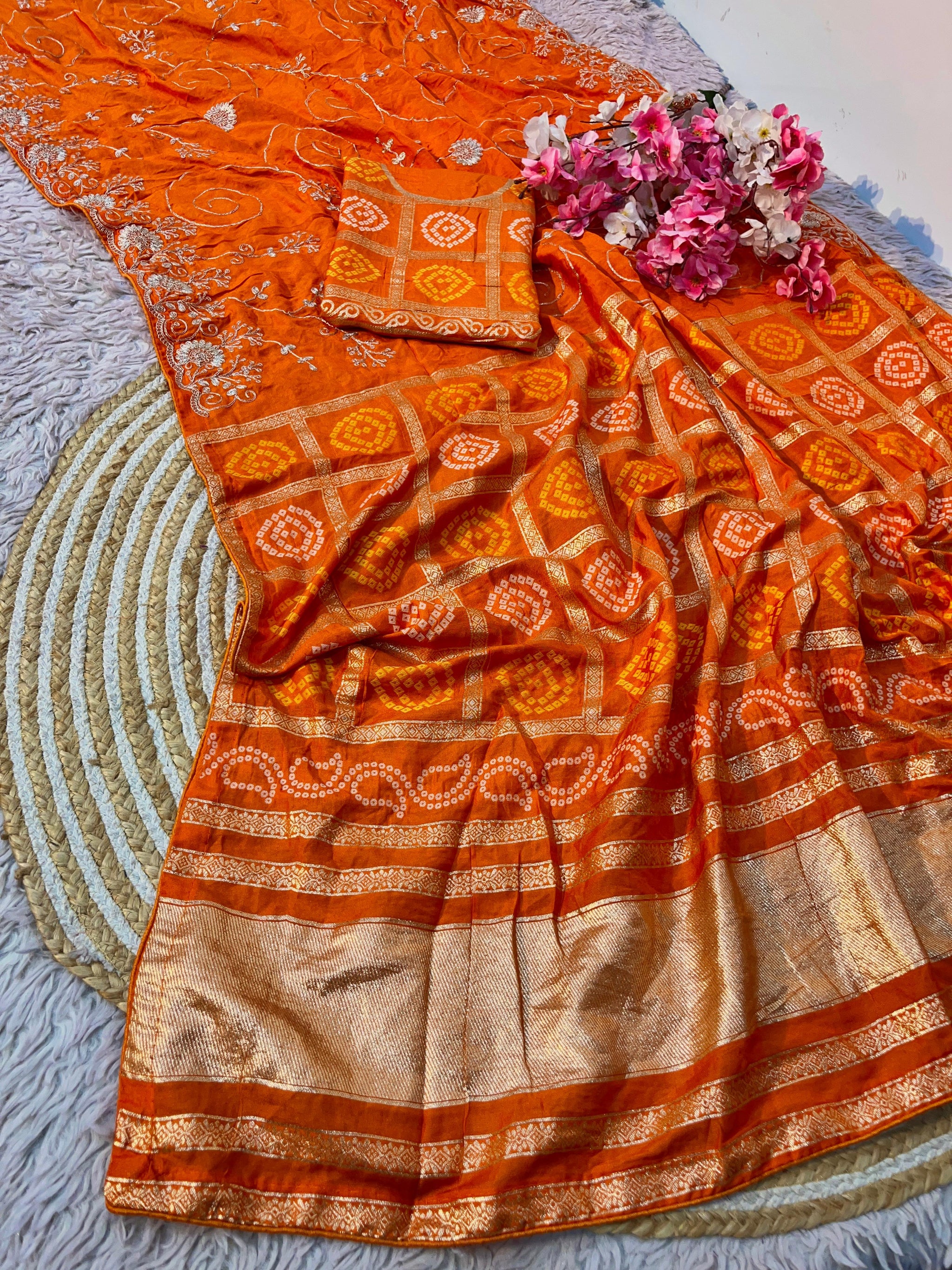 Dolla Silk Saree with Bandhej Weaving & Pittha Work Zaal | Lagdi Patta Pallu & Fancy Piping Border