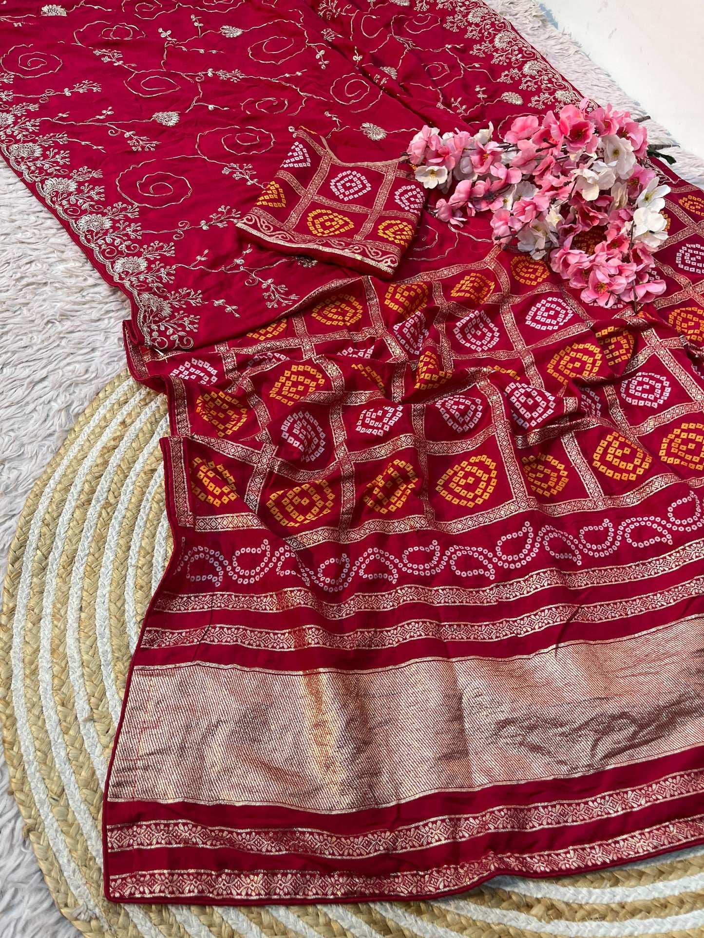 Dolla Silk Saree with Bandhej Weaving & Pittha Work Zaal | Lagdi Patta Pallu & Fancy Piping Border