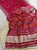 Dolla Silk Saree with Bandhej Weaving & Pittha Work Zaal | Lagdi Patta Pallu & Fancy Piping Border