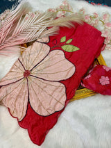 Designer Floral Print Rasmalai Silk Saree with Handwork,Zari Stitch& Pearl Border