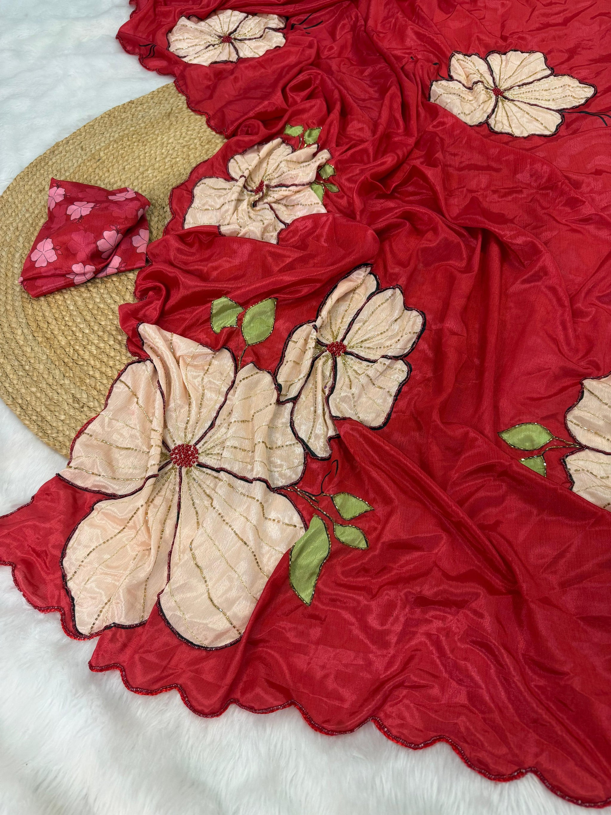 Designer Floral Print Rasmalai Silk Saree with Handwork,Zari Stitch& Pearl Border