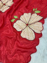 Designer Floral Print Rasmalai Silk Saree with Handwork,Zari Stitch& Pearl Border