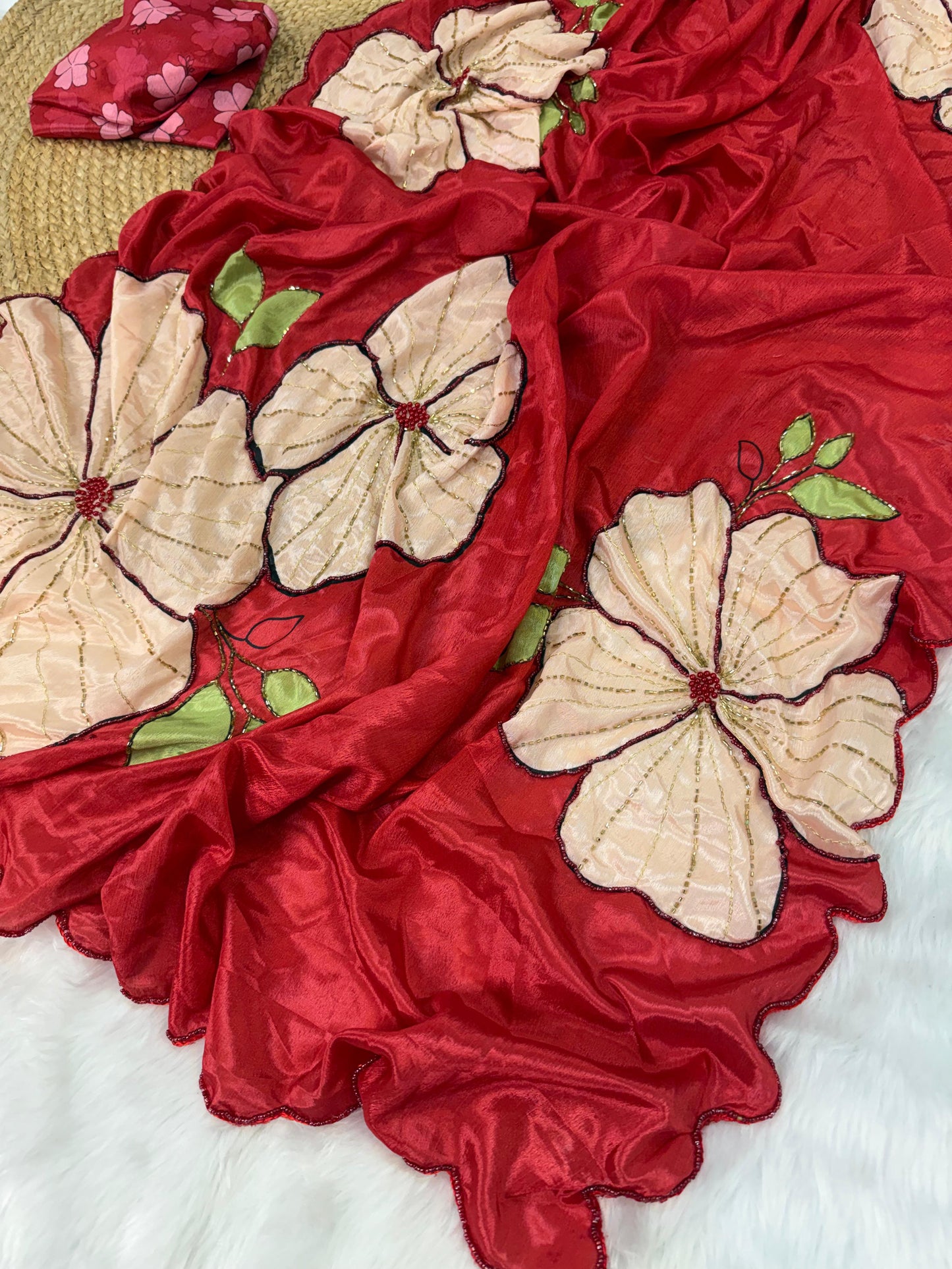 Designer Floral Print Rasmalai Silk Saree with Handwork,Zari Stitch& Pearl Border