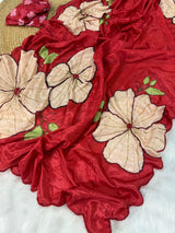 Designer Floral Print Rasmalai Silk Saree with Handwork,Zari Stitch& Pearl Border