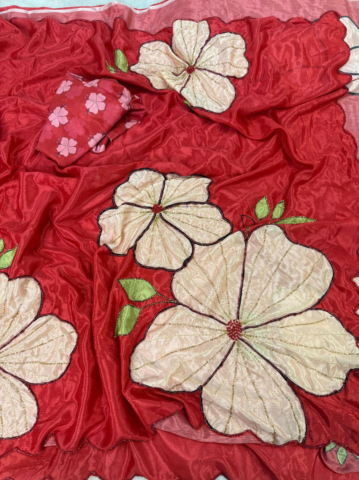 Designer Floral Print Rasmalai Silk Saree with Handwork,Zari Stitch& Pearl Border