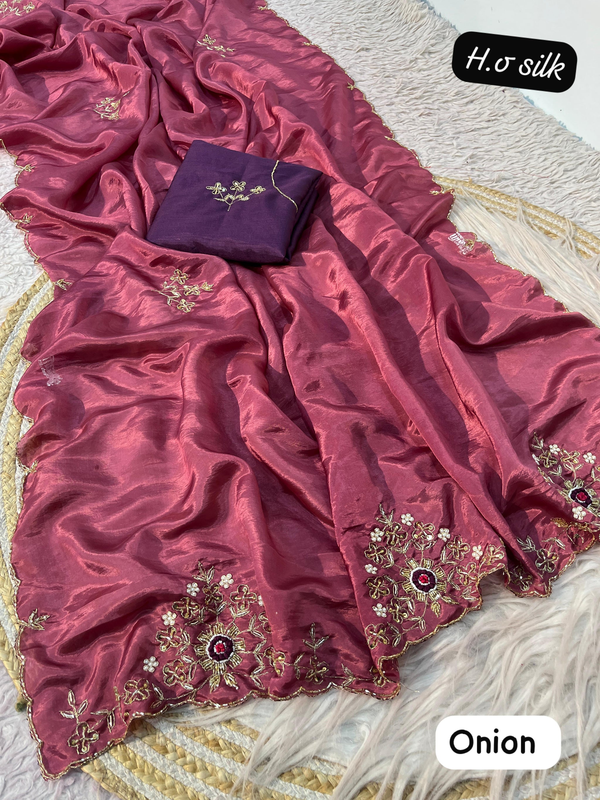 HO Silk Saree with Zardozi Handwork & Khatli Cut Work Border