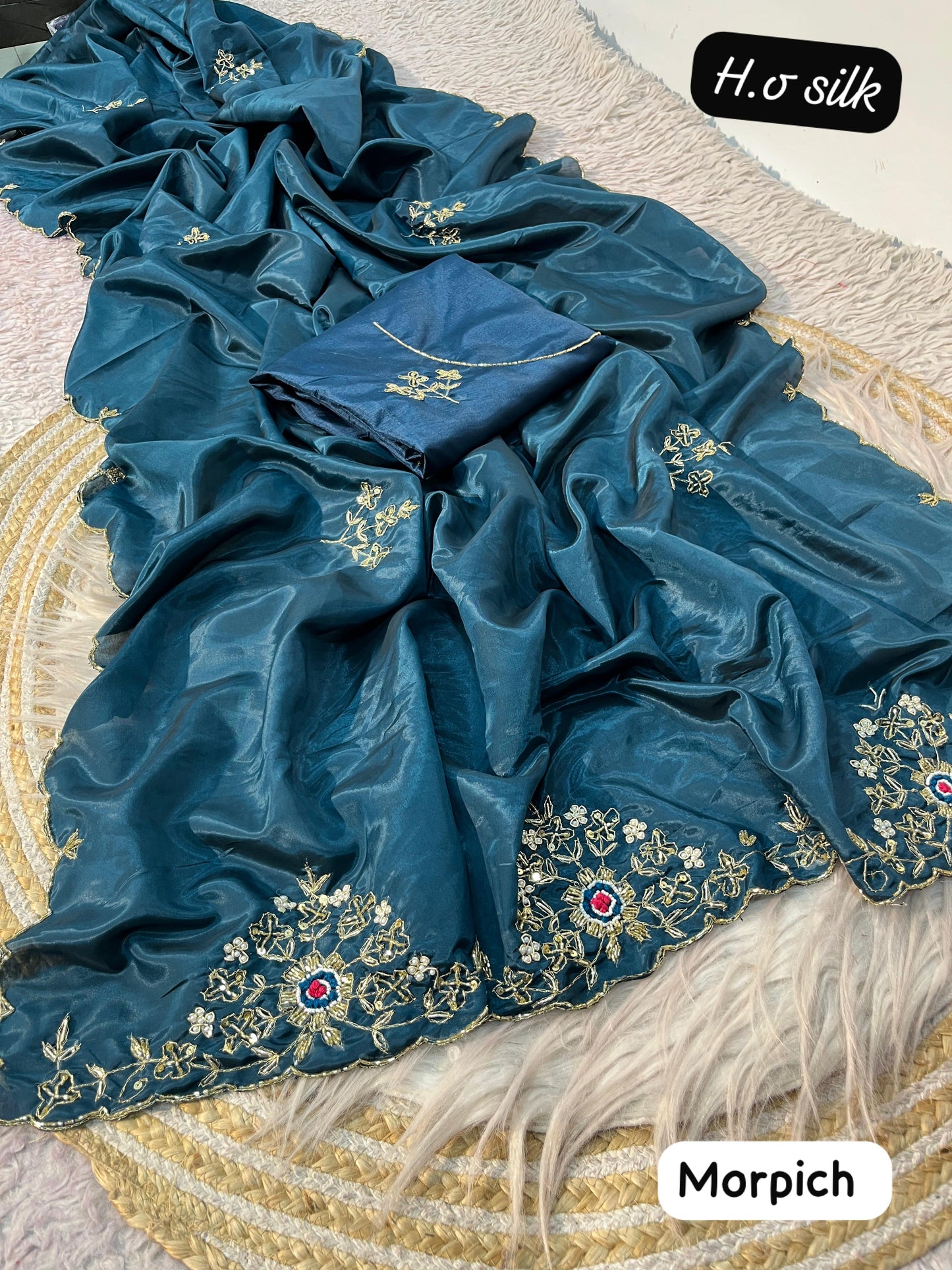 HO Silk Saree with Zardozi Handwork & Khatli Cut Work Border