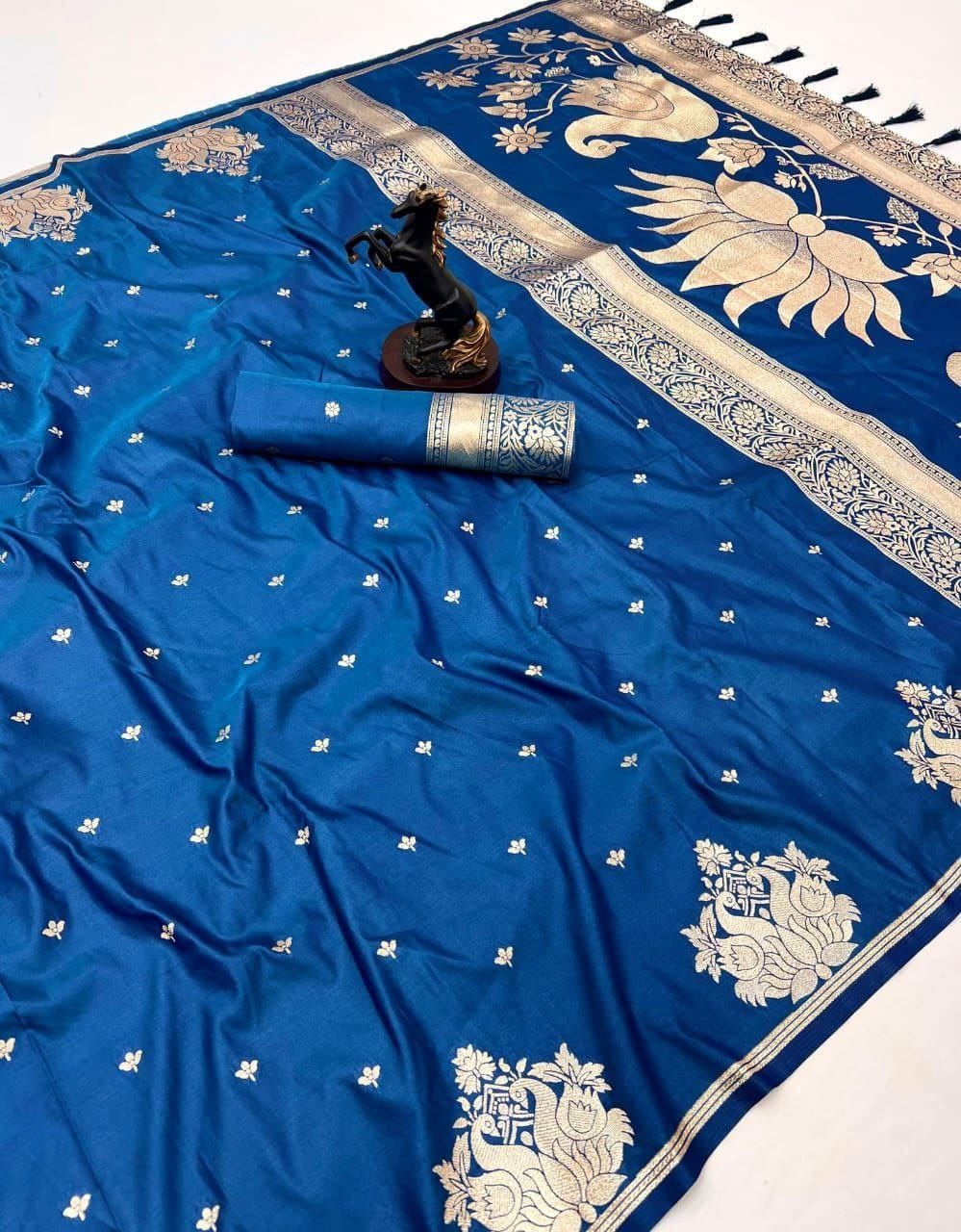 Rajlaxmi Paithani Soft Banarasi Silk Saree with Zari Weaving Swan Motifs & Designer Pallu