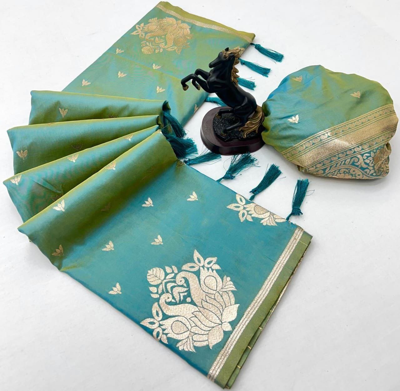 Rajlaxmi Paithani Soft Banarasi Silk Saree with Zari Weaving Swan Motifs & Designer Pallu