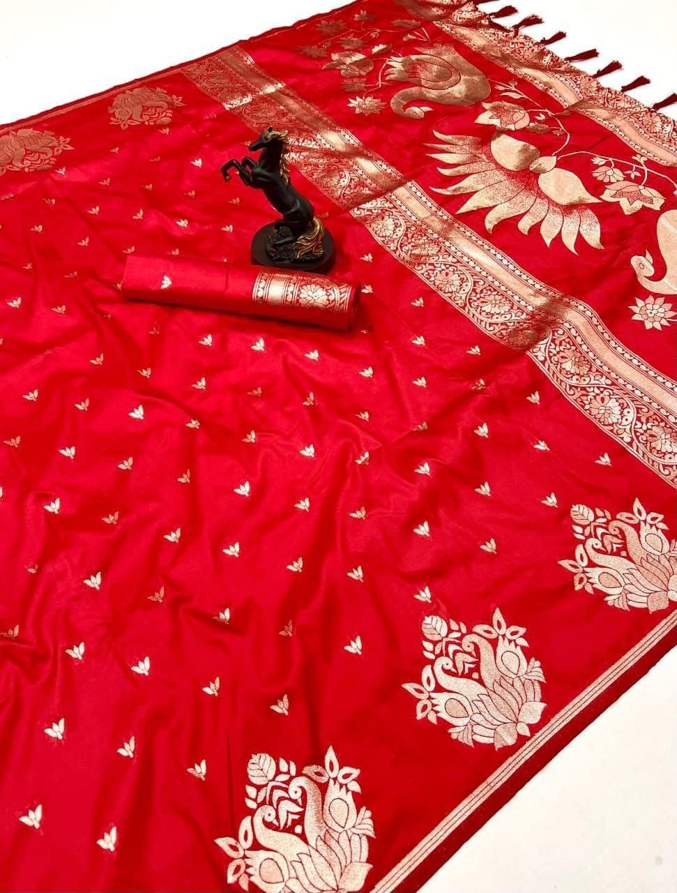 Rajlaxmi Paithani Soft Banarasi Silk Saree with Zari Weaving Swan Motifs & Designer Pallu