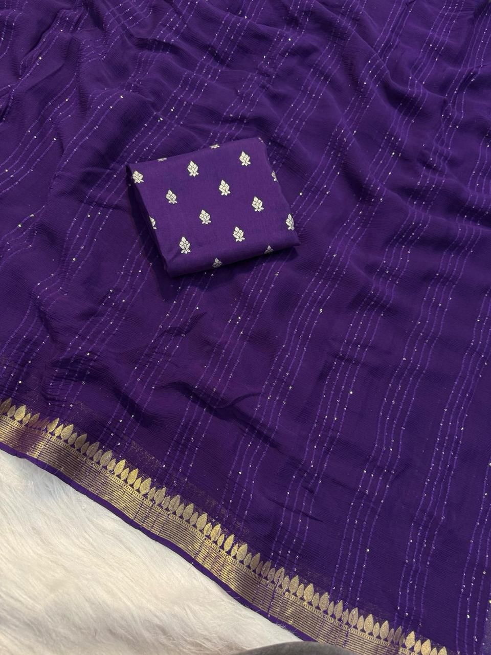 Viscose Georgette Saree with Woven Sequins Stripes and Embroidered Butti Blouse Piece