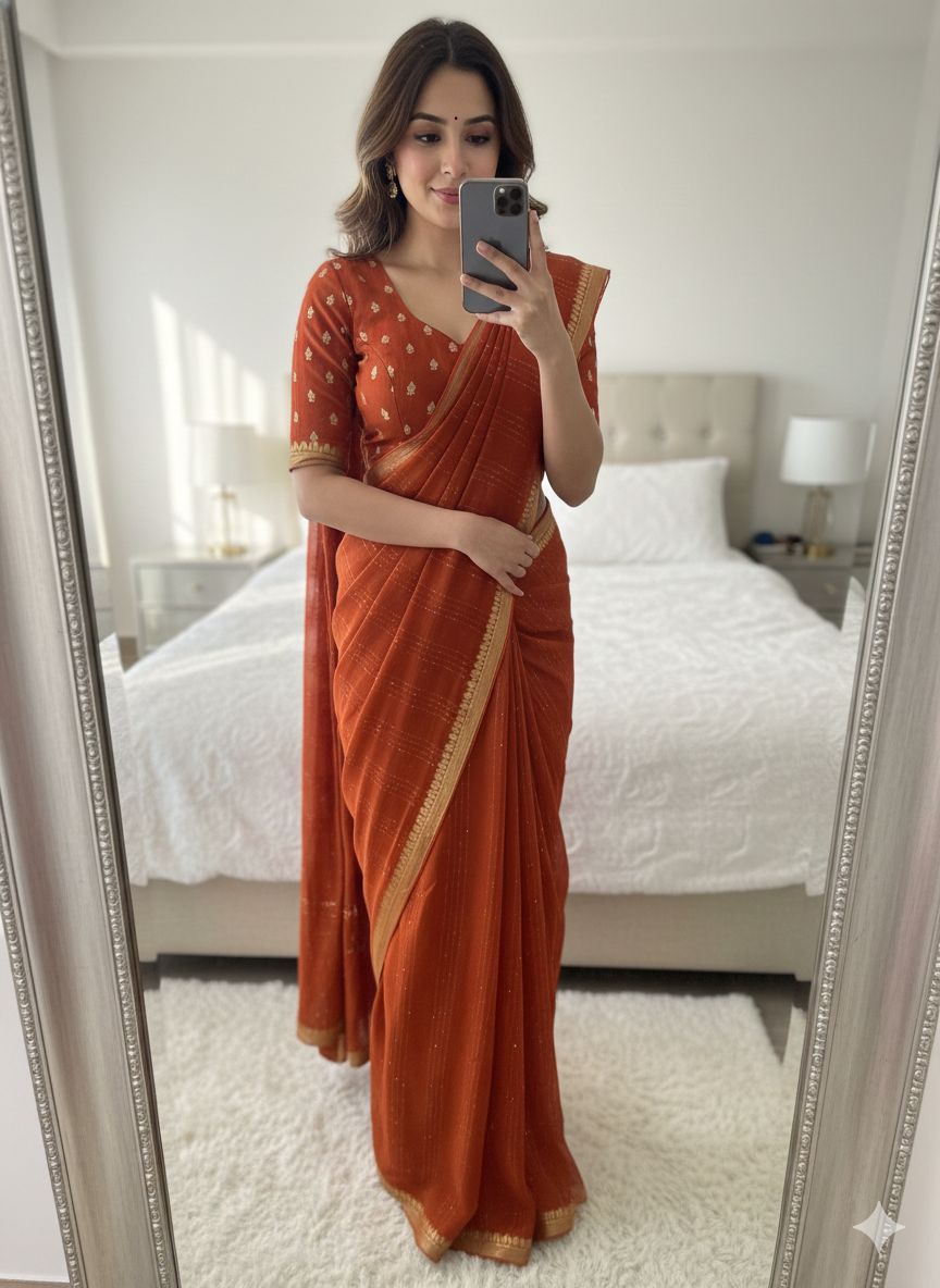 Viscose Georgette Saree with Woven Sequins Stripes and Embroidered Butti Blouse Piece