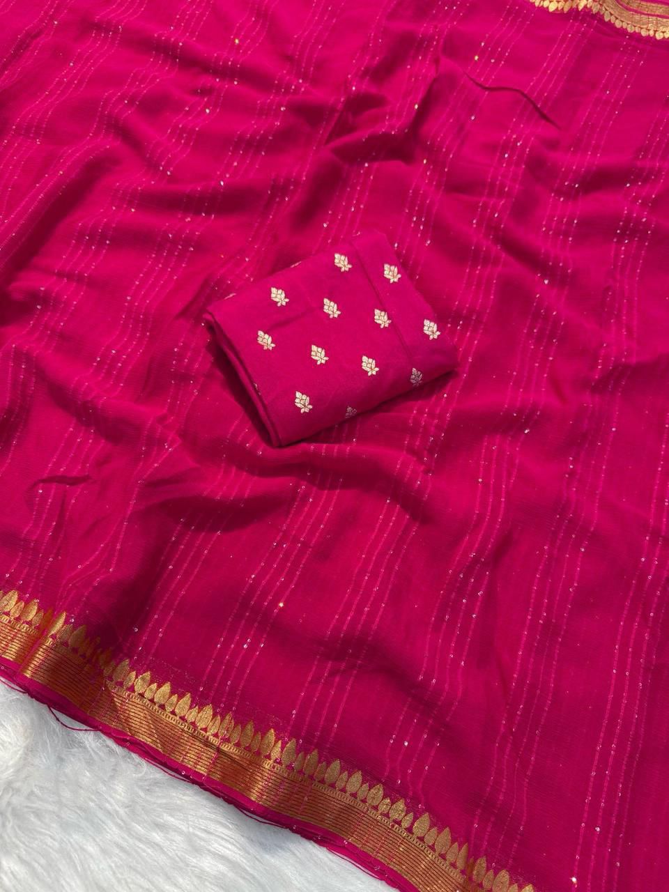 Viscose Georgette Saree with Woven Sequins Stripes and Embroidered Butti Blouse Piece