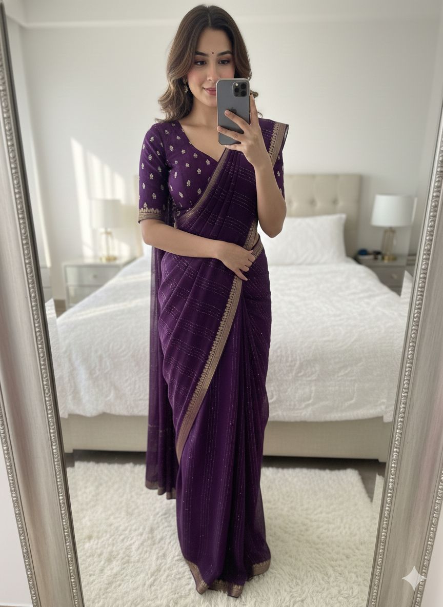 Viscose Georgette Saree with Woven Sequins Stripes and Embroidered Butti Blouse Piece